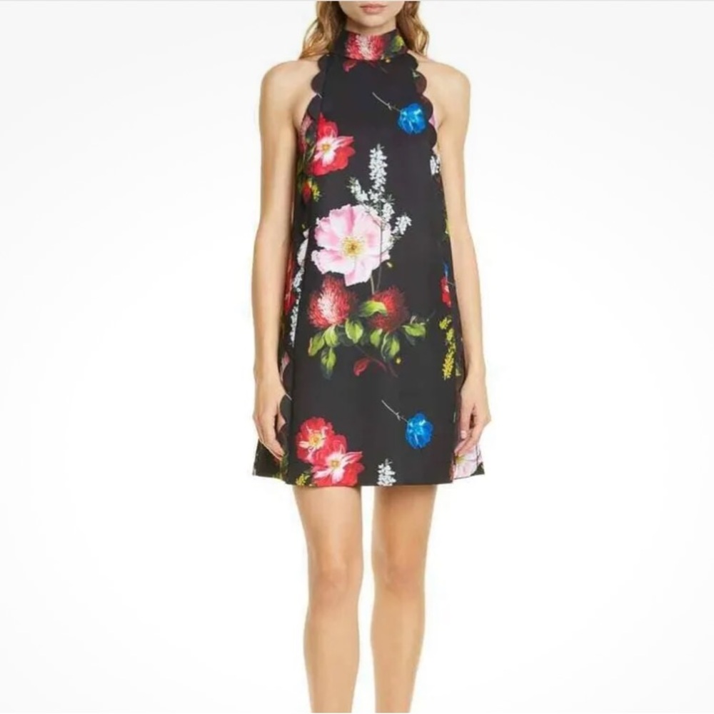 TED BAKER TANII FLORAL SCALLOP SHIFT BLACK MINI DRESS NWT Sz 4